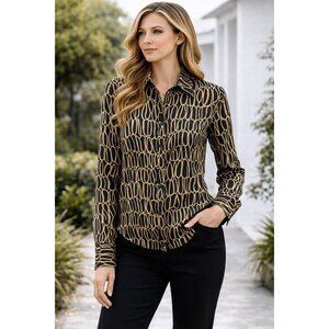 Max Studio NorstromBlack Gold Abstract Print 100% Silk Button Down Shirt Women S